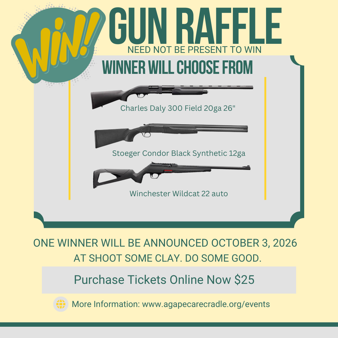 Gun raffle: the winner will choose from a Charles Daly 300 Field 20ga 26", a Stoeger Condor Black Synthetic 12ga, a Winchester Wildcat 22 auto. Need not be present to win. One winner announced Saturday, October 3, 2026 at Shoot Some Clay. Do Some Good. Tickets $25.